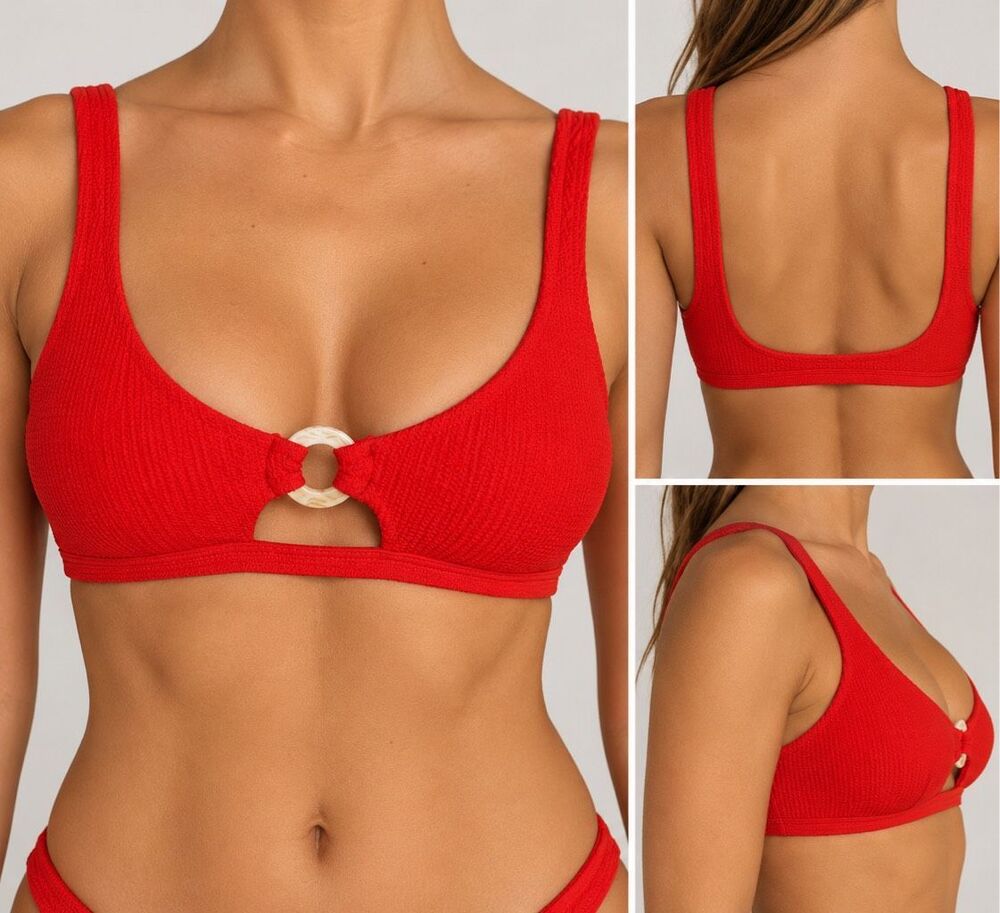 Topshop Red Ring Detail Bikini Top US 4 Y2K Scoop Neck Swim